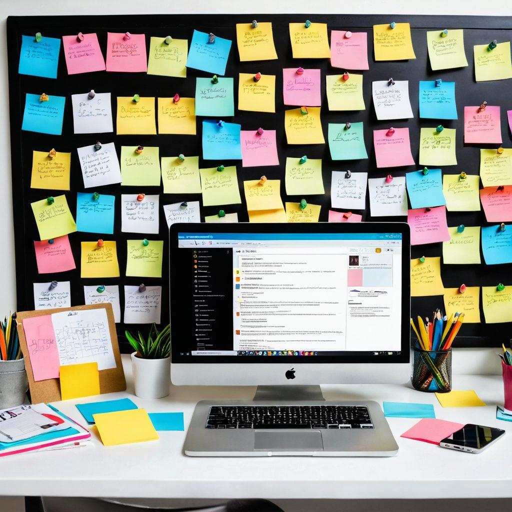 A visually striking, organized workspace filled with colorful sticky notes and digital devices, symbolizing effective content management. Include a diverse group of bloggers collaborating over a laptop, with a backdrop of a big chalkboard filled with flowcharts and ideas. Emphasize vibrant colors and creativity in the scene to inspire engagement. super-realistic. vibrant colors. white background.