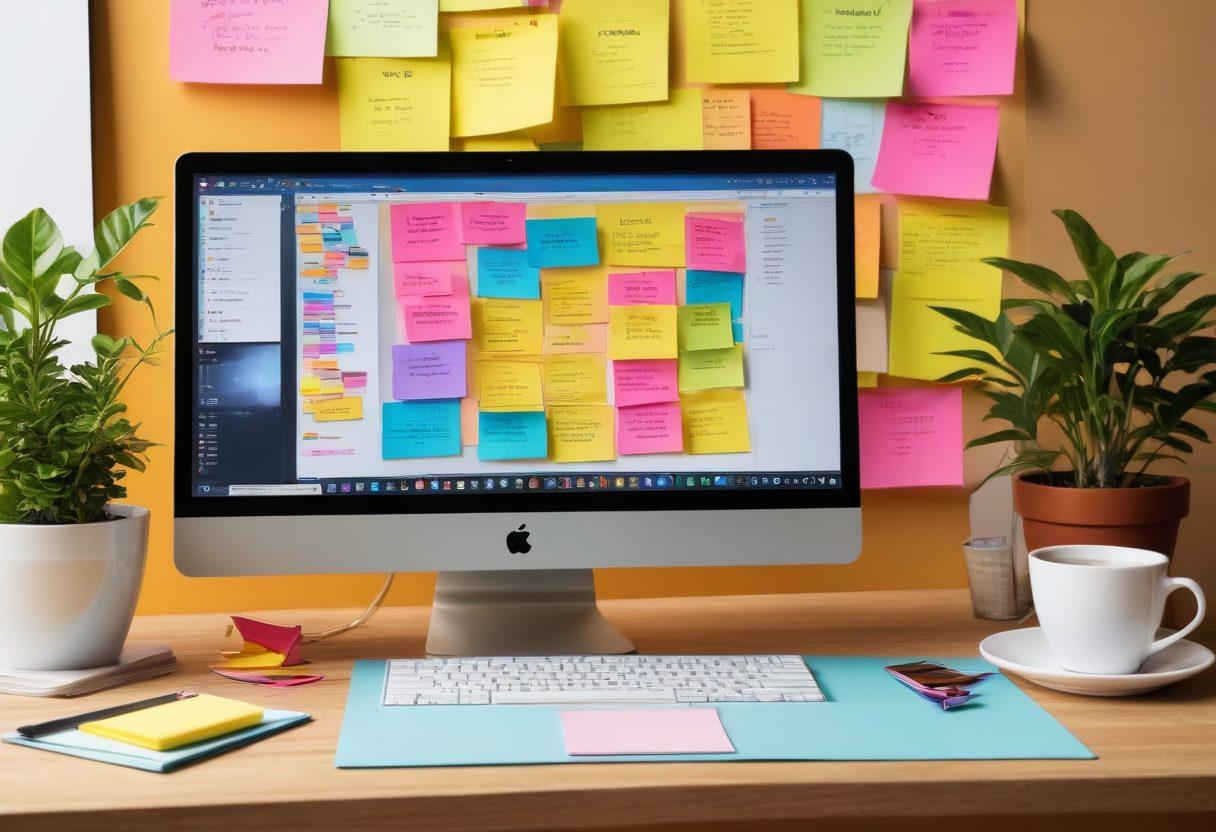 A vibrant and visually appealing computer workstation setup, featuring a laptop displaying a colorful website design in progress on one screen, while sticky notes with brainstorming ideas and sketches are scattered around. Include a warm cup of coffee and a potted plant to symbolize creativity and growth. The background should have inspirational posters about web development. super-realistic. vibrant colors. 3D.