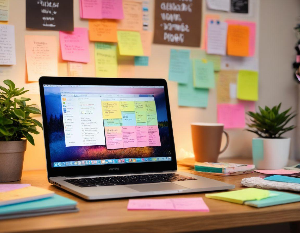 A cozy workspace featuring a laptop with an open blog interface, surrounded by casual personal touches like a steaming cup of coffee, colorful sticky notes, and a potted plant. In the background, a wall adorned with inspirational quotes about blogging and creativity. Warm lighting creates an inviting atmosphere. super-realistic. vibrant colors. soft focus.